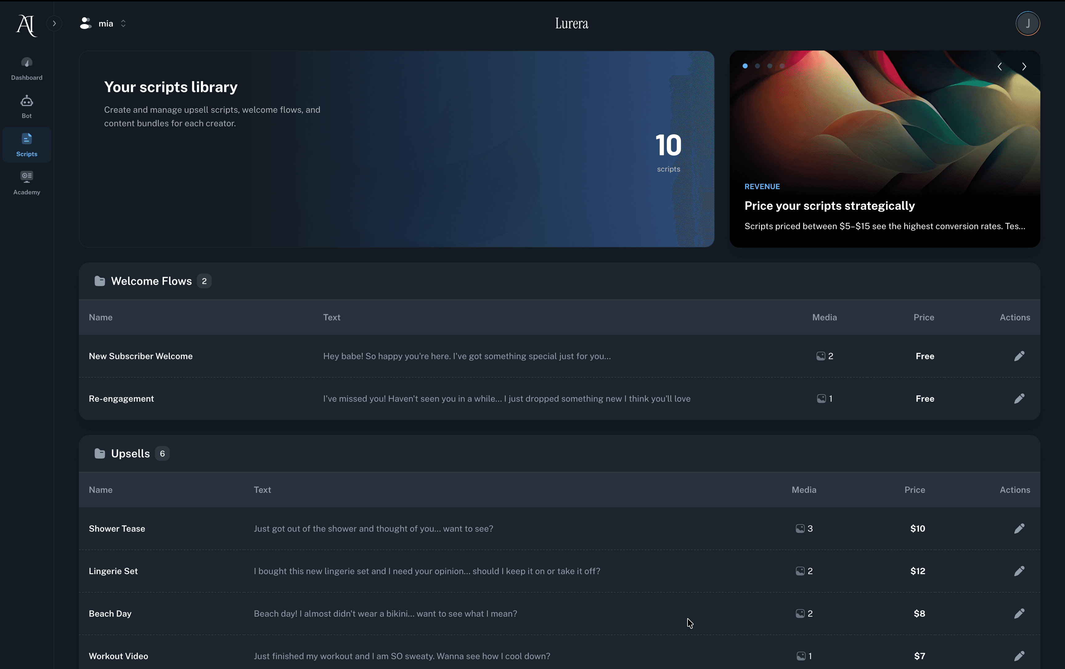 Lurera script management showing themed content packages with welcome flows and upsells