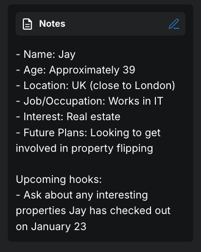 Lurera fan profile showing automatically tracked user preferences and conversation history