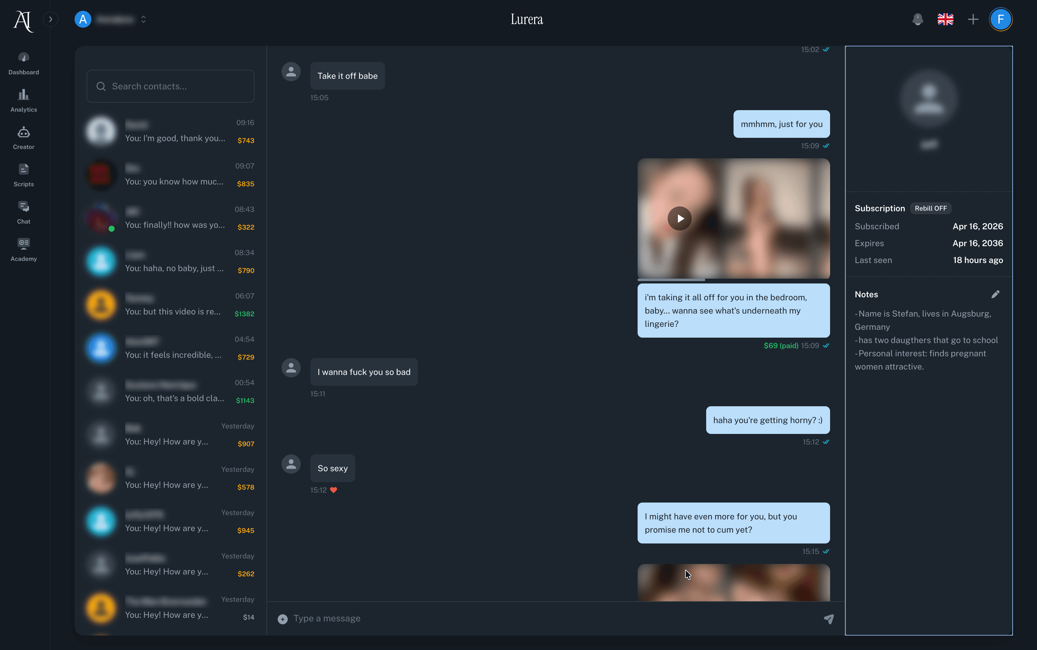 Lurera AI autonomously selling PPV content to a fan — showing a $69 paid purchase in real time